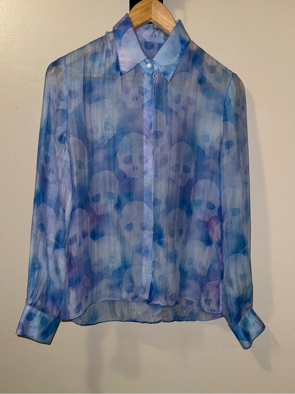 Johan Ku 100% Silk Blue & Lavender Watercolor Skull Button Up Shirt